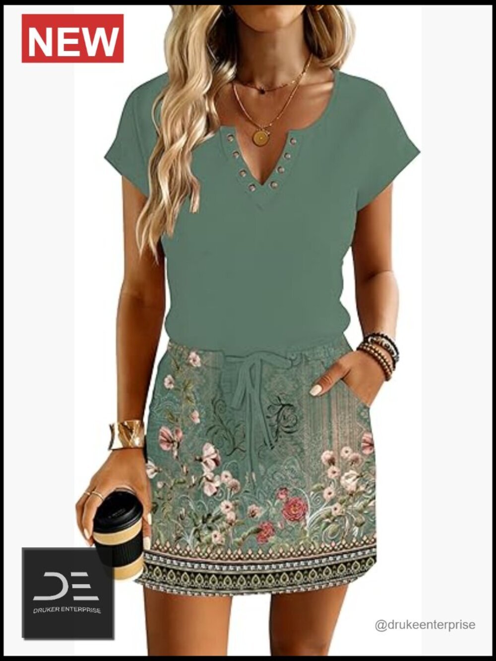 Short Sleeve V Neck Drawstring Waist Sundress with Pockets